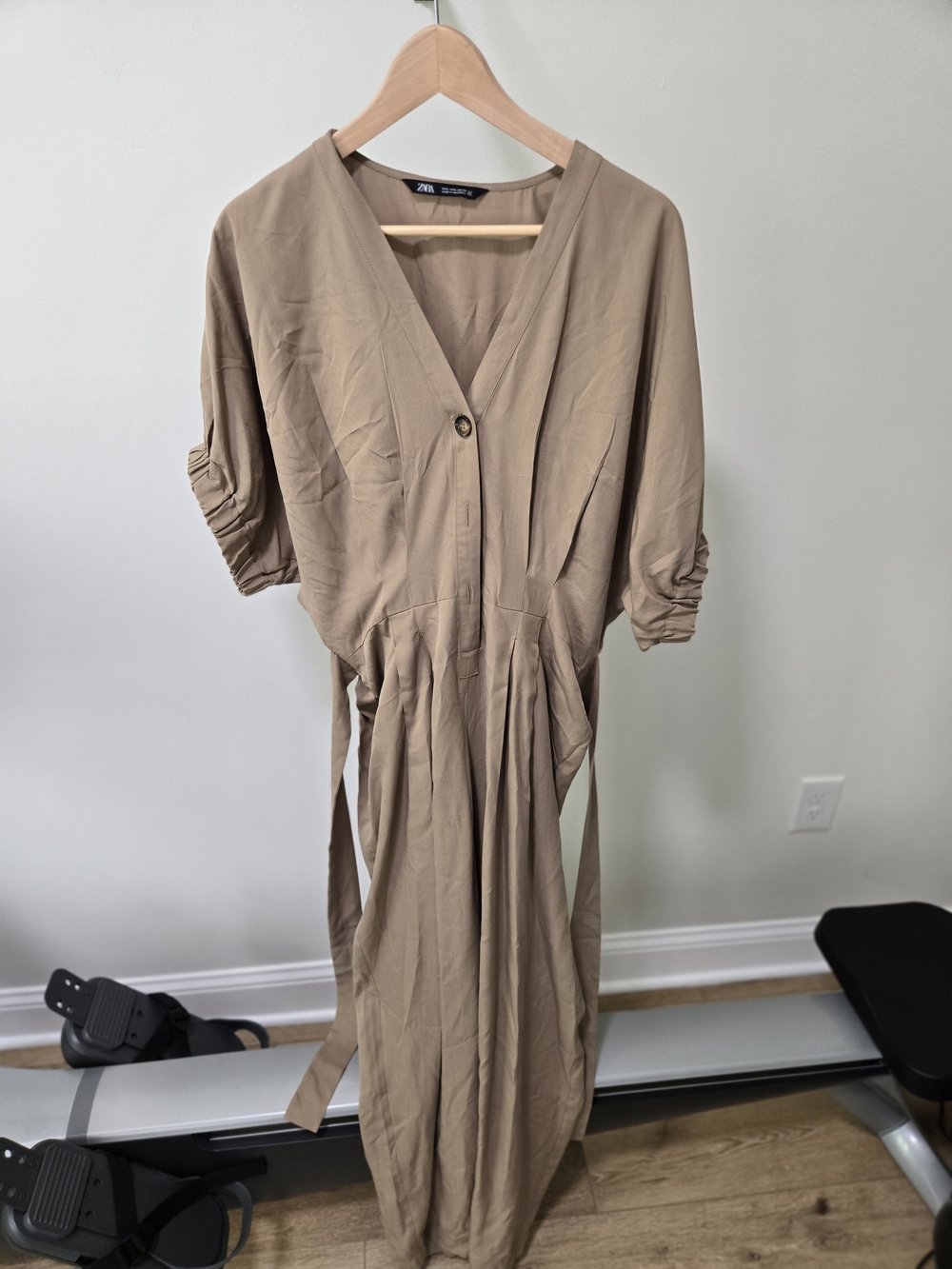 Zara Taupe V-Neck Belted Midi Jumpsuite